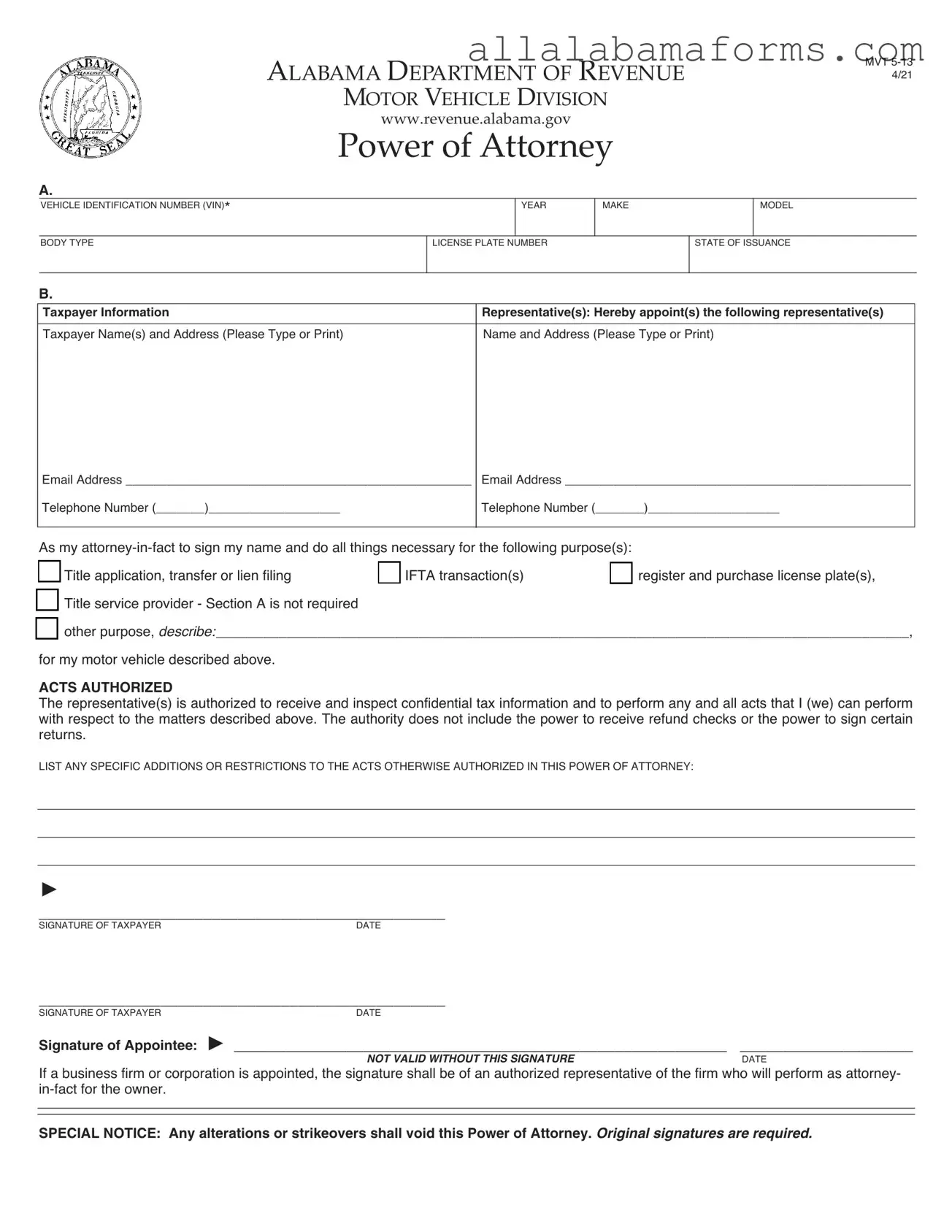 Free Alabama Vehicle POA MVT 5-13 (Rev 09-19) PDF Template