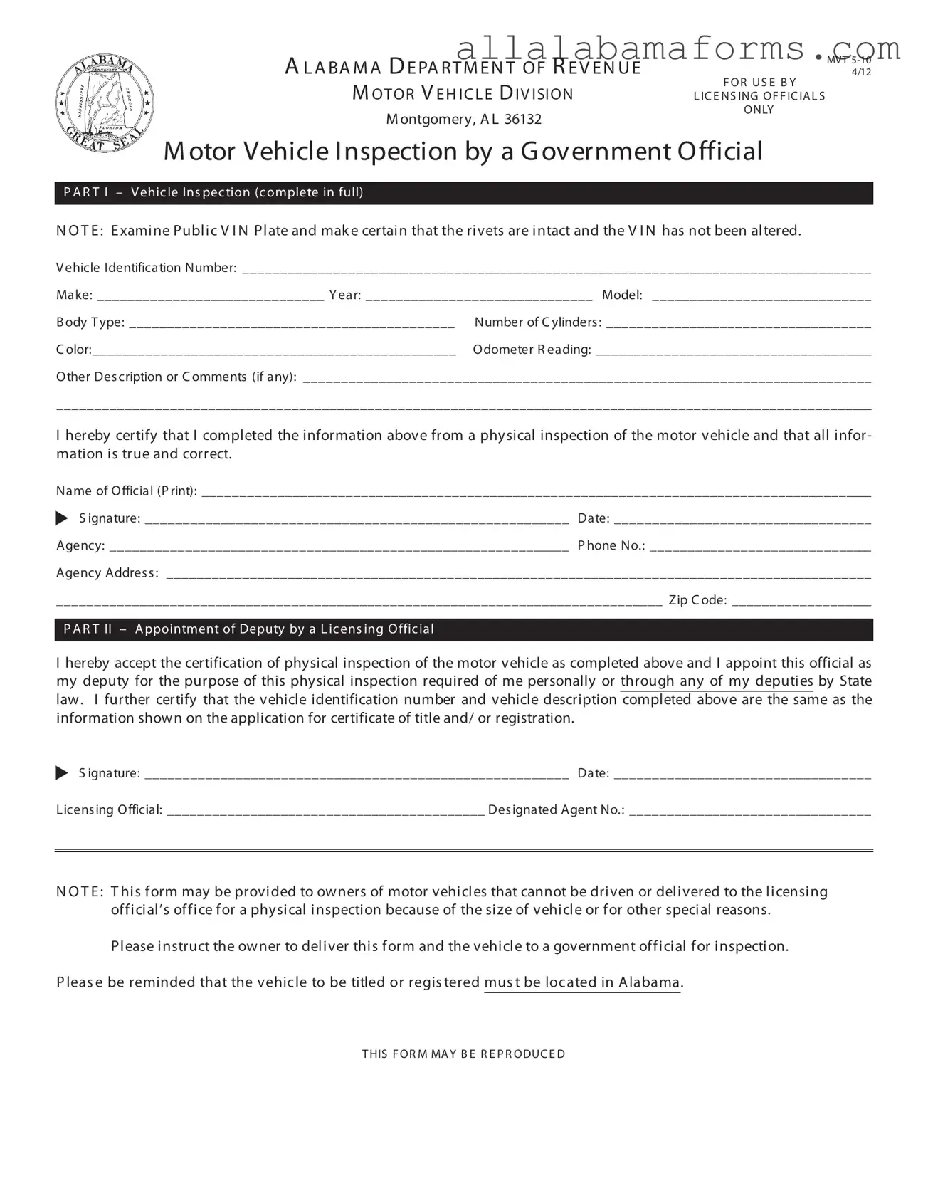 Free Alabama Vin Inspection PDF Template
