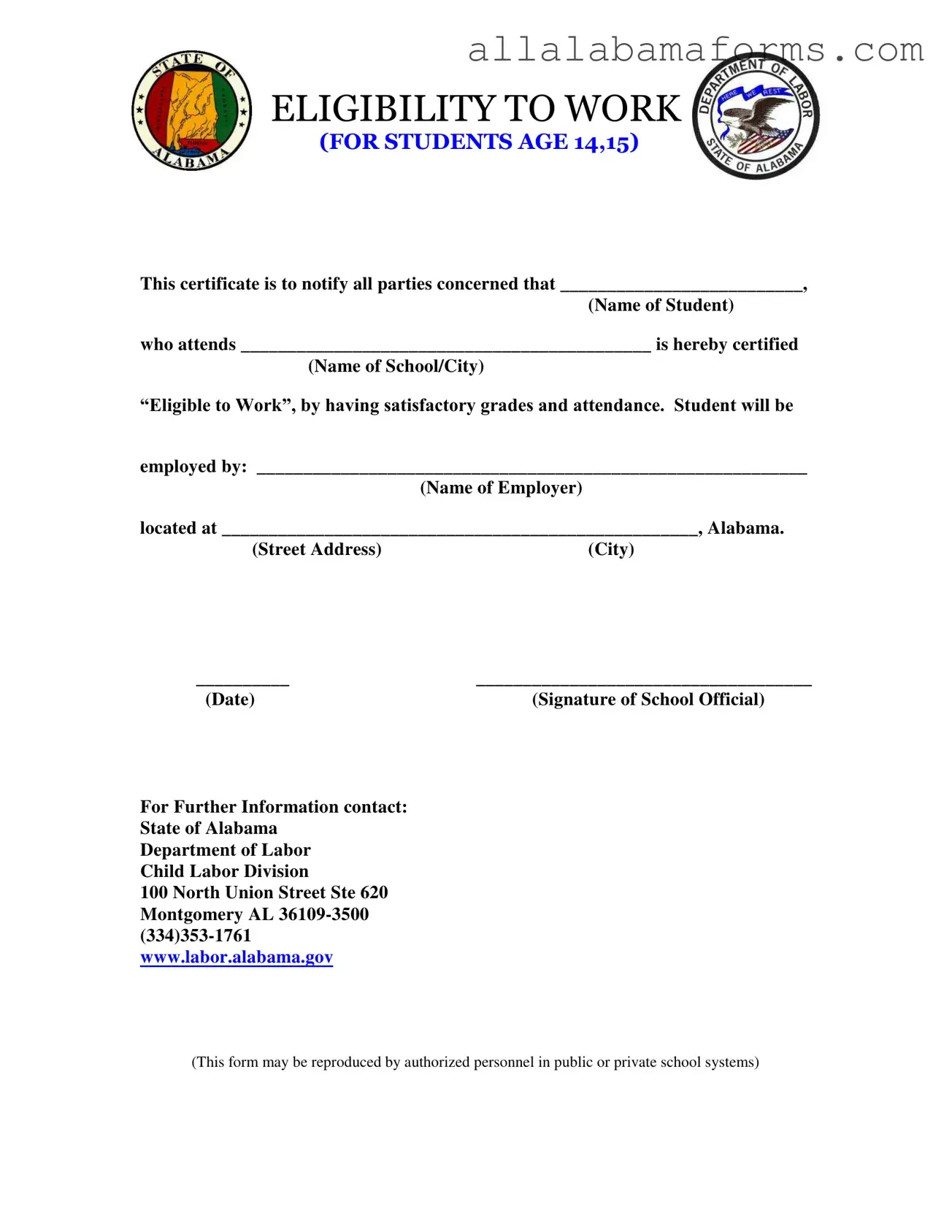 Free Eligibility Work Alabama PDF Template