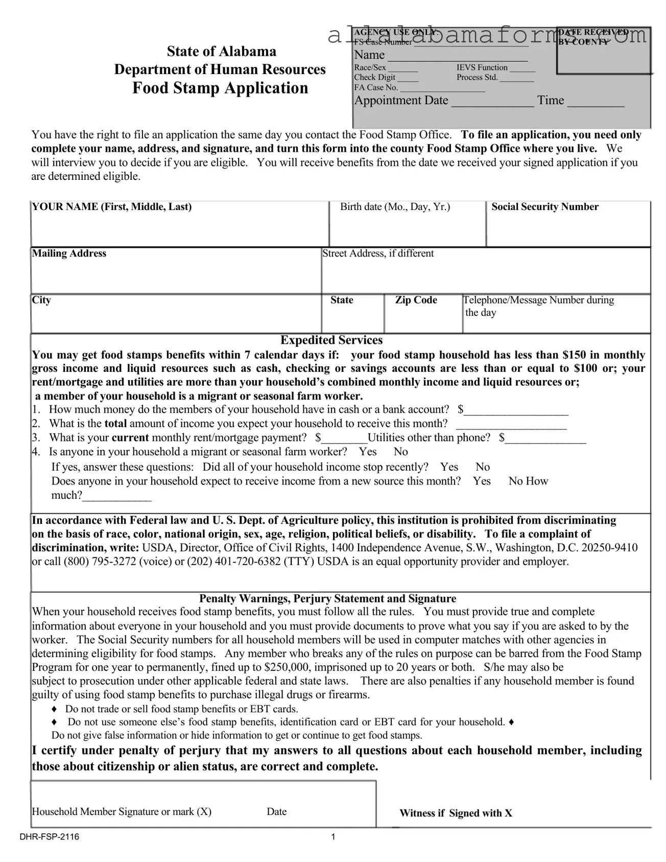 Free Food Stamp Application Alabama PDF Template