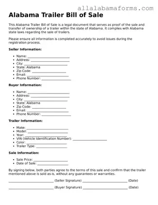  Trailer Bill of Sale Form for Alabama