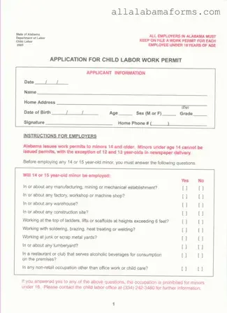 Free Work Permit Alabama PDF Template