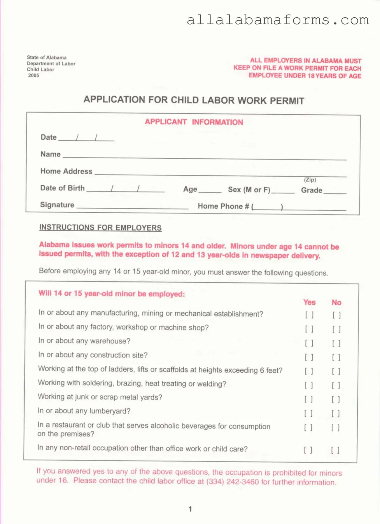 Free Work Permit Alabama PDF Template